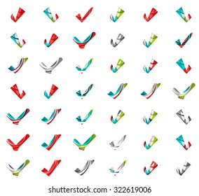 Set of abstract OK and tick icons, business logotype concepts, clean modern geometric design. Created with transparent abstract wave lines