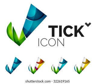 Conjunto de iconos abstractos OK y tick, conceptos de logotipo empresarial, diseño geométrico moderno y limpio. Creado con líneas de onda abstractas transparentes