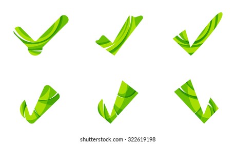 Conjunto de iconos abstractos OK y tick, conceptos de logotipo empresarial, diseño geométrico moderno y limpio. Creado con líneas de onda abstractas transparentes