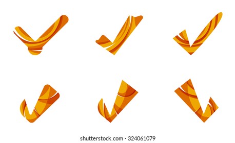 Set of abstract OK and tick icons, business logotype concepts, clean modern geometric design. Created with transparent abstract wave lines
