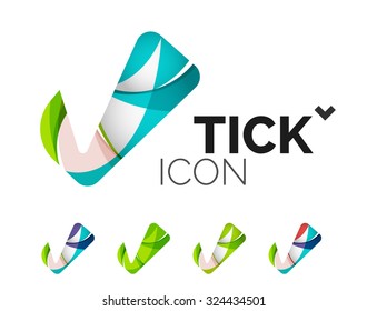 Set of abstract OK and tick icons, business logotype concepts, clean modern geometric design. Created with transparent abstract wave lines