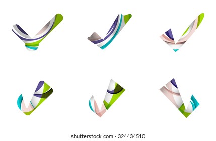 Set of abstract OK and tick icons, business logotype concepts, clean modern geometric design. Created with transparent abstract wave lines