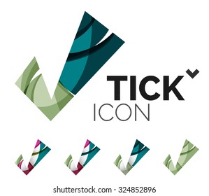 Conjunto de iconos abstractos OK y tick, conceptos de logotipo empresarial, diseño geométrico moderno y limpio. Creado con líneas de onda abstractas transparentes