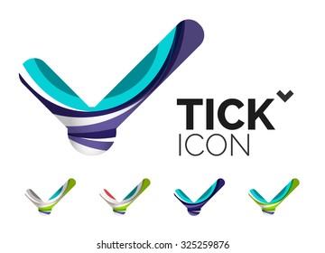 Set of abstract OK and tick icons, business logotype concepts, clean modern geometric design. Created with transparent abstract wave lines