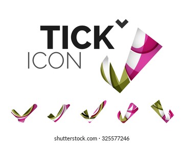 Set of abstract OK and tick icons, business logotype concepts, clean modern geometric design. Created with transparent abstract wave lines