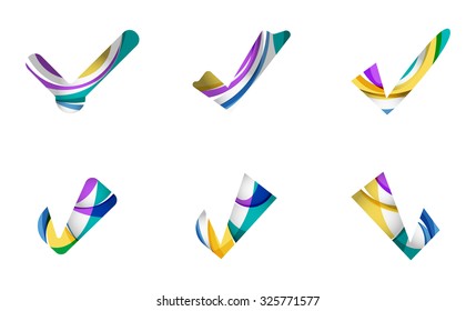 Conjunto de iconos abstractos OK y tick, conceptos de logotipo empresarial, diseño geométrico moderno y limpio. Creado con líneas de onda abstractas transparentes