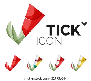 Set of abstract OK and tick icons, business logotype concepts, clean modern geometric design. Created with transparent abstract wave lines