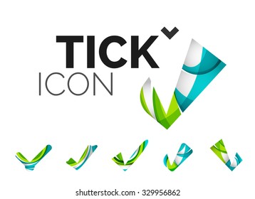 Set of abstract OK and tick icons, business logotype concepts, clean modern geometric design. Created with transparent abstract wave lines