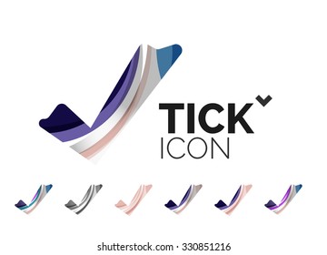 Set of abstract OK and tick icons, business logotype concepts, clean modern geometric design. Created with transparent abstract wave lines