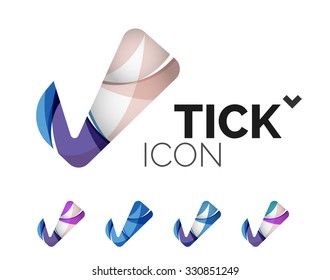 Set of abstract OK and tick icons, business logotype concepts, clean modern geometric design. Created with transparent abstract wave lines