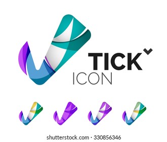 Set of abstract OK and tick icons, business logotype concepts, clean modern geometric design. Created with transparent abstract wave lines