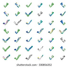Set of abstract OK and tick icons, business logotype concepts, clean modern geometric design. Created with transparent abstract wave lines