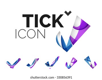 Conjunto de iconos abstractos OK y tick, conceptos de logotipo empresarial, diseño geométrico moderno y limpio. Creado con líneas de onda abstractas transparentes