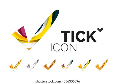 Set of abstract OK and tick icons, business logotype concepts, clean modern geometric design. Created with transparent abstract wave lines