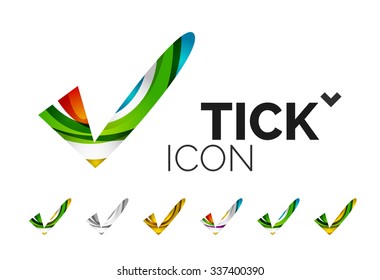 Set of abstract OK and tick icons, business logotype concepts, clean modern geometric design. Created with transparent abstract wave lines