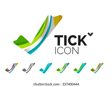 Set of abstract OK and tick icons, business logotype concepts, clean modern geometric design. Created with transparent abstract wave lines