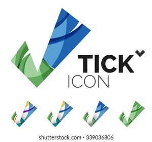 Set of abstract OK and tick icons, business logotype concepts, clean modern geometric design. Created with transparent abstract wave lines