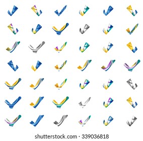 Set of abstract OK and tick icons, business logotype concepts, clean modern geometric design. Created with transparent abstract wave lines