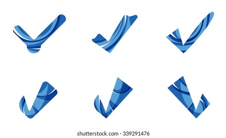Set of abstract OK and tick icons, business logotype concepts, clean modern geometric design. Created with transparent abstract wave lines