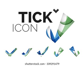 Set of abstract OK and tick icons, business logotype concepts, clean modern geometric design. Created with transparent abstract wave lines