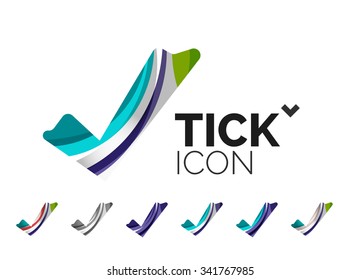 Set of abstract OK and tick icons, business logotype concepts, clean modern geometric design. Created with transparent abstract wave lines