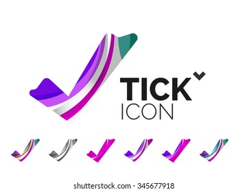 Set of abstract OK and tick icons, business logotype concepts, clean modern geometric design. Created with transparent abstract wave lines