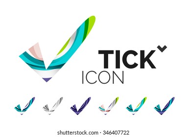 Set of abstract OK and tick icons, business logotype concepts, clean modern geometric design. Created with transparent abstract wave lines