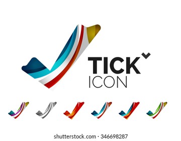 Conjunto de iconos abstractos OK y tick, conceptos de logotipo empresarial, diseño geométrico moderno y limpio. Creado con líneas de onda abstractas transparentes