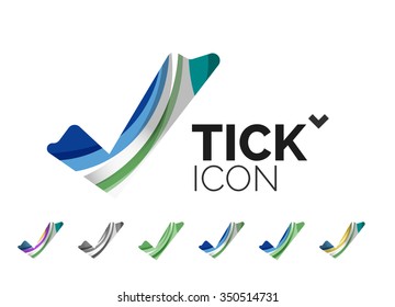 Set of abstract OK and tick icons, business logotype concepts, clean modern geometric design. Created with transparent abstract wave lines