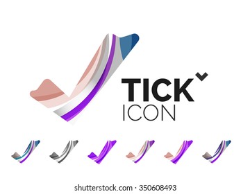 Set of abstract OK and tick icons, business logotype concepts, clean modern geometric design. Created with transparent abstract wave lines