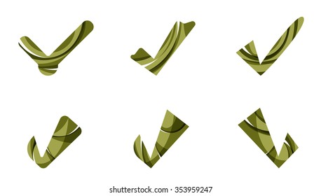 Conjunto de iconos abstractos OK y tick, conceptos de logotipo empresarial, diseño geométrico moderno y limpio. Creado con líneas de onda abstractas transparentes
