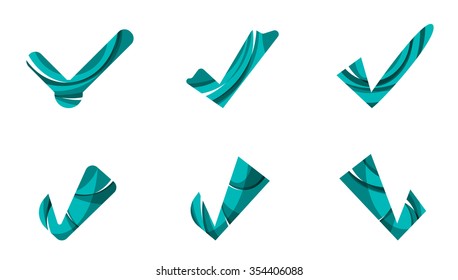 Set of abstract OK and tick icons, business logotype concepts, clean modern geometric design. Created with transparent abstract wave lines