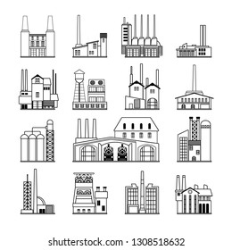Set of abstract old factory icons featuring traditional old time industry buildings of metal and machine works.  
