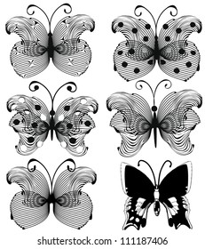 Set of abstract openwork black butterflies isolated on white