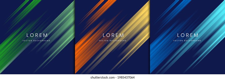 Set abstract orange  green  blue  gradient stripe diagonal lines light dark blue background  Vector illustration
