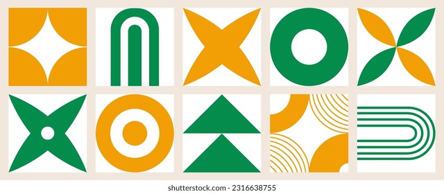 Set of abstract organic art style shapes. Big collection elements in trendy minimal design. Simple bauhaus style. Geometric pattern. Circle, triangle, lines of color art design. Vector illustration