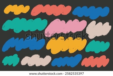 Set of abstract organic colored shapes or crayon drawn clouds. Template rough cute pastel texture. Chalk hand drawn sketch. Organic geometric rough shapes. Vector bold cute childish drawings.