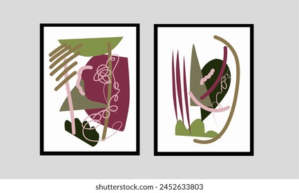 Set of abstract organic contemporary wall art collection. Two set modern geometric wall decor, wall decoration, wallpaper and home decor.