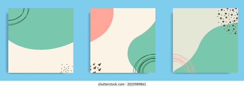 Set of abstract organic fluid background template and layout in square shape for multipurpose usage web and print, banner, cover in white peach green color. Vector illustration