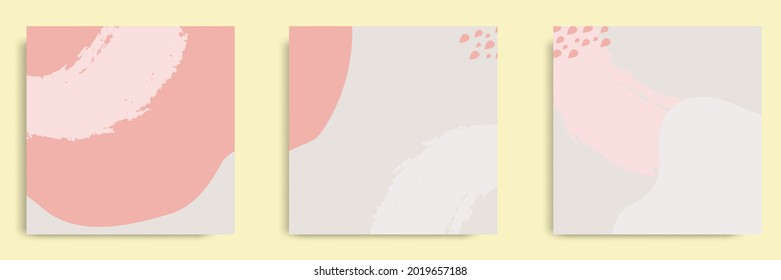 Set of abstract organic fluid brush background template and layout in square shape for multipurpose usage web and print, banner, cover in pink peach pastel color. Vector illustration