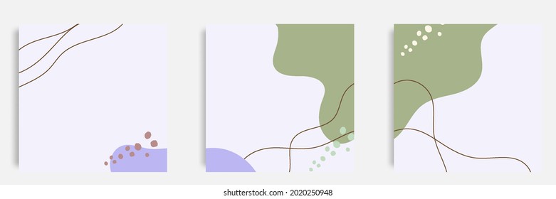 Set von abstrakter organischer Flüssigkeitslinie Hintergrund Vorlage und Layout in quadratischer Form für den Mehrzweck-Web und-Druck, Banner, Abdeckung in grüner violetter Pastellfarbe. Vektorgrafik