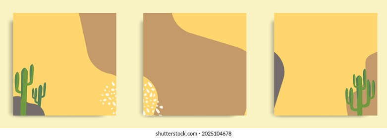 Set of abstract organic fluid line and cactus background template and layout in square shape for multipurpose usage web and print, banner, cover in yellow sand green color. Vector illustration