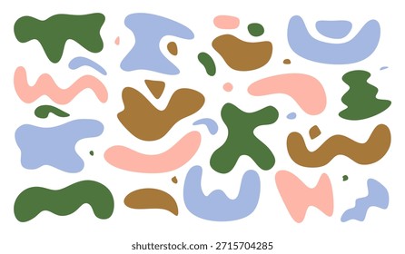 Conjunto de formas fluidas orgânicas abstratas. Formas líquidas modernas desenhadas à mão isoladas sobre fundo branco. Elementos de design de curvas naturais. Coleção de formas onduladas irregulares. Ilustração de vetor plano