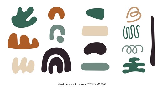 A set of abstract organic and geometric shapes in earthy colors isolated on white. Perfect for packaging and branding projects, art prints, greeting cards.