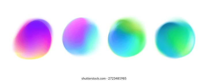 Conjunto de gradientes orgánicos abstractos con transiciones de color vibrantes que incluyen rosa, púrpura, azul, verde y cian sobre un fondo blanco limpio.