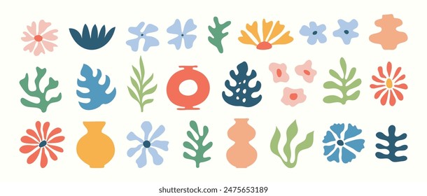 Set of abstract organic nature shapes, flowers graphic elements inspired by Matisse. Plants, tropical leaf, algae, vase in paper cut collage style.  Contemporary vector design for logo, cover, print.