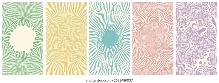 Set of abstract organic posters with reaction diffusion patterns in gentle tones and intricate structure. Soft pastel colors and flowing lines inspired by natural forms perfect for decor or design