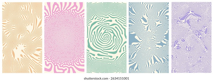 Set of abstract organic posters with reaction diffusion patterns in gentle tones and intricate structure. Soft pastel colors and flowing lines inspired by natural forms perfect for decor or design