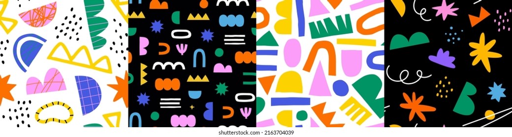 Set of abstract organic shape seamless pattern with colorful geometric doodles. Flat cartoon background collection, simple random shapes in bright childish colors. 