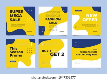 Set of abstract organic shape social media post template. Super mega sale square post template with some geometric shape in white, blue and yellow color. Vector minimalist background.